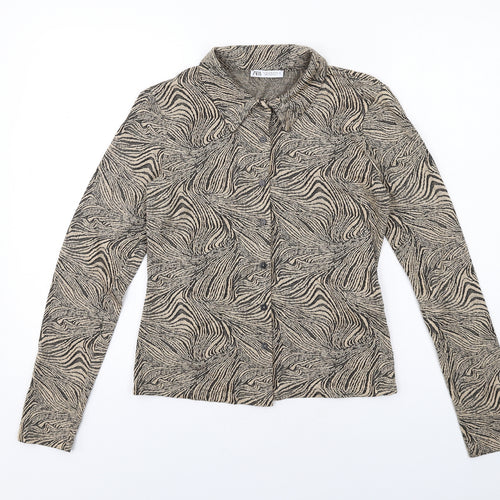 Zara Womens Beige Geometric Polyester Basic Button-Up Size M Collared