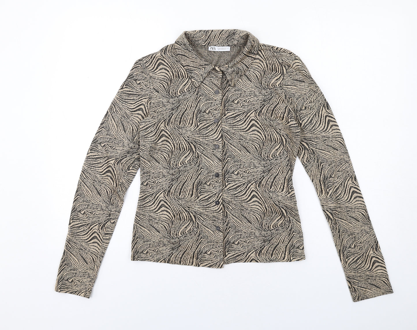 Zara Womens Beige Geometric Polyester Basic Button-Up Size M Collared