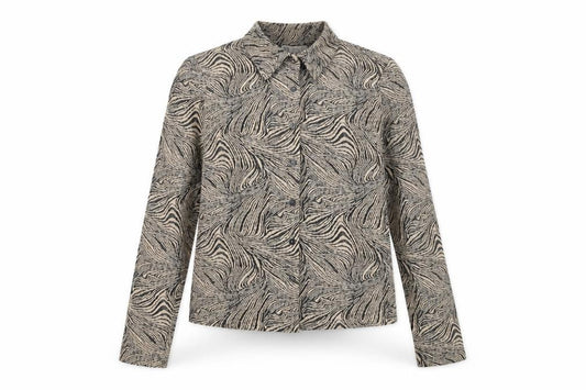 Front view of Zara women’s beige geometric polyester basic button-up, size M, collared