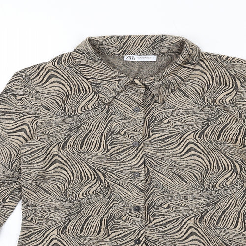 Zara Womens Beige Geometric Polyester Basic Button-Up Size M Collared