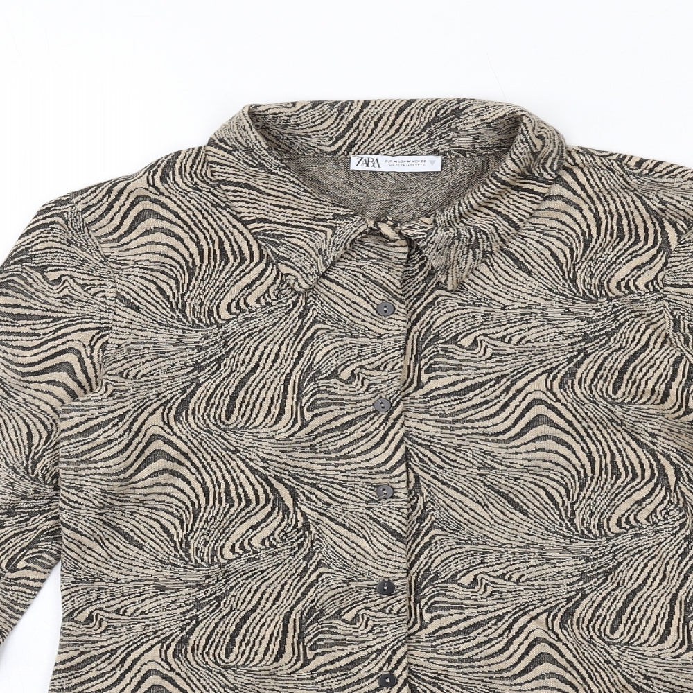 Zara Womens Beige Geometric Polyester Basic Button-Up Size M Collared