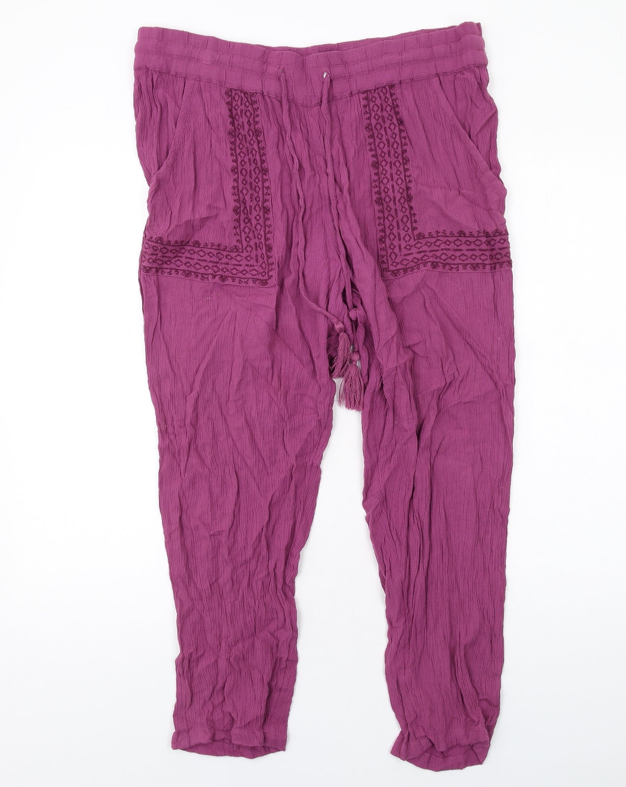 Marks and Spencer Womens Purple Viscose Trousers Size 14 L25 in Regular Drawstring