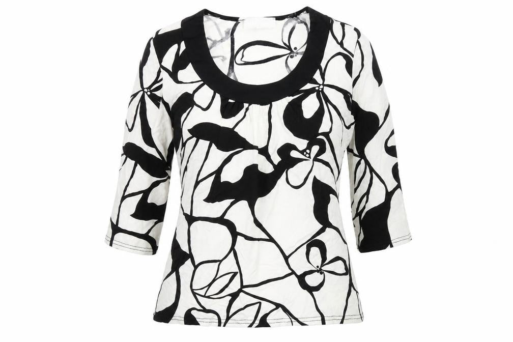 Front view of Wallis women’s white geometric viscose basic t-shirt, size UK 12, scoop neck
