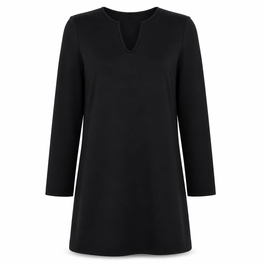 Front view of East women’s black polyester a-line, size UK 10, v-neck pullover
