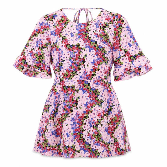 Front view of Miss Selfridge women’s multicoloured floral polyester mini, size UK 8, round neck pullover