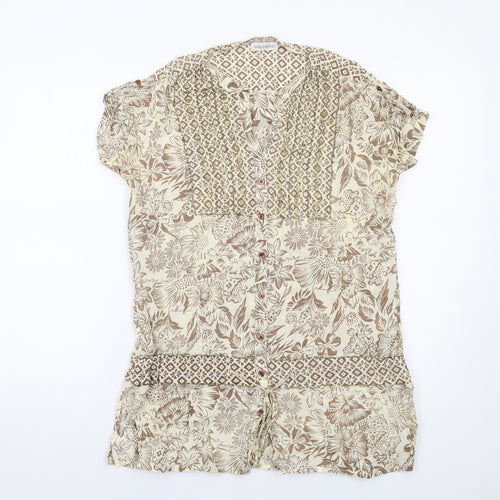Today's Woman Womens Beige Floral Cotton Basic Button-Up Size 10 V-Neck