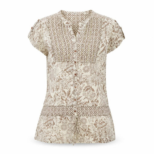 Today's Woman Womens Beige Floral Cotton Basic Button-Up Size 10 V-Neck