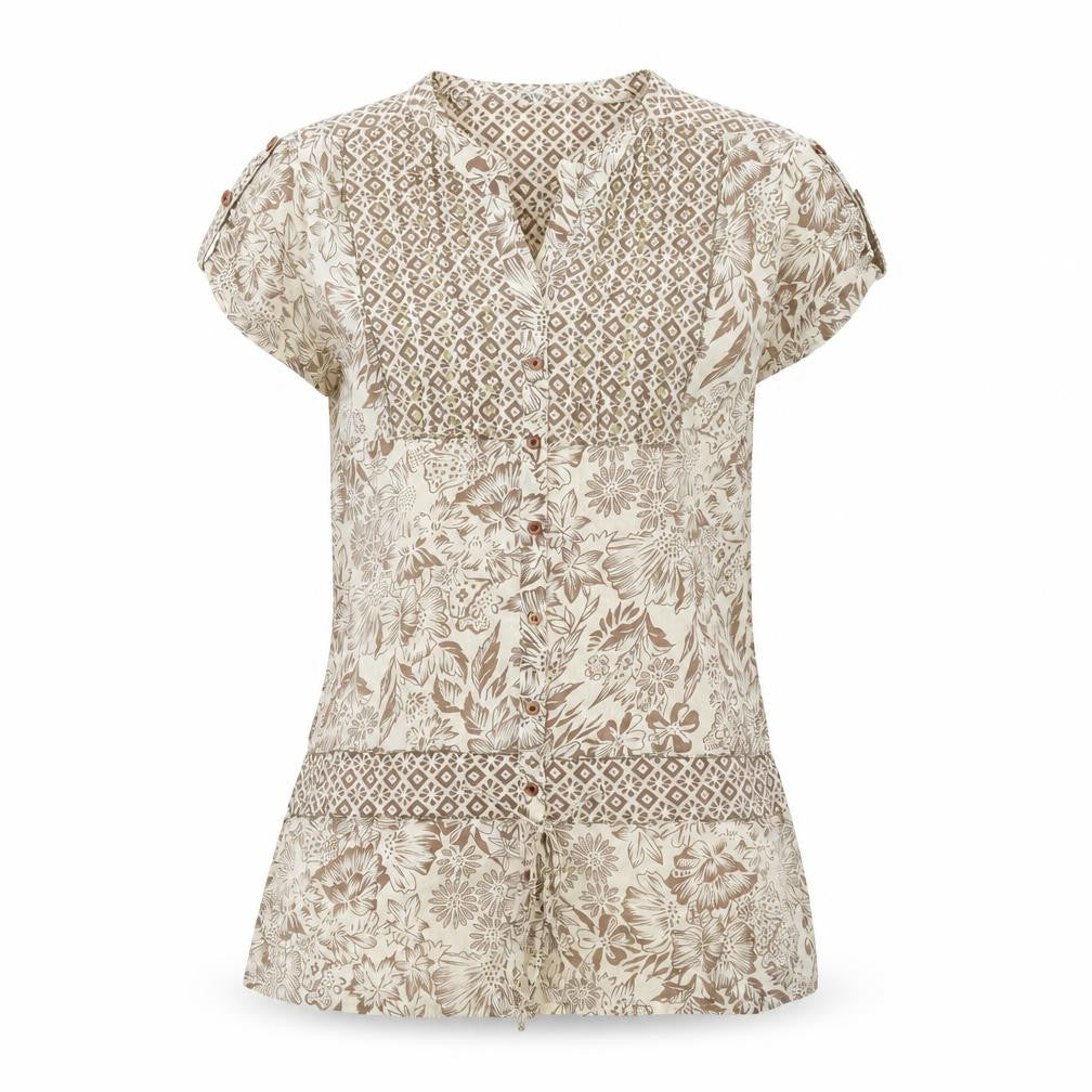 Today's Woman Womens Beige Floral Cotton Basic Button-Up Size 10 V-Neck
