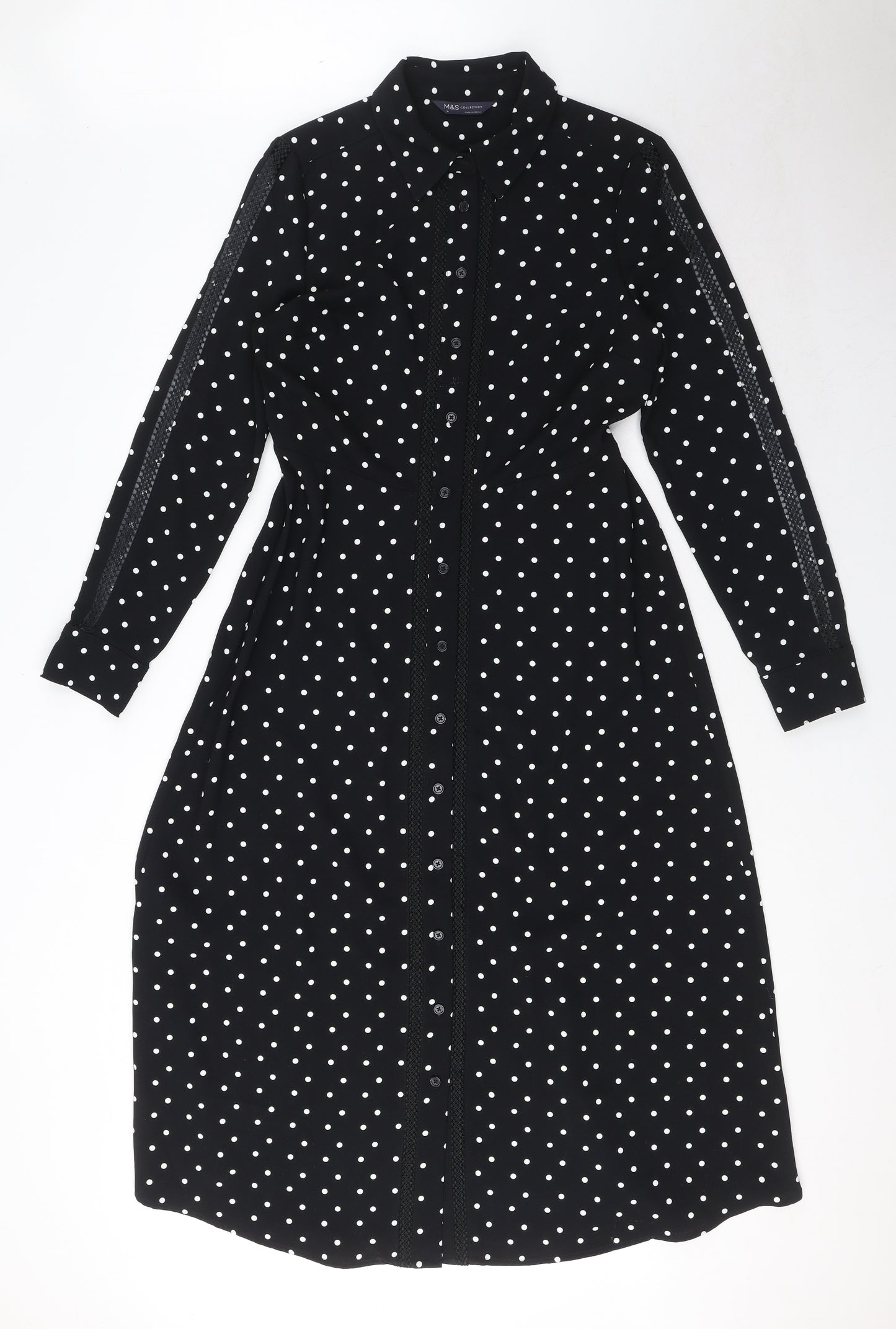 Marks and Spencer Womens Black Polka Dot Polyester Shirt Dress Size 10 Collared Button