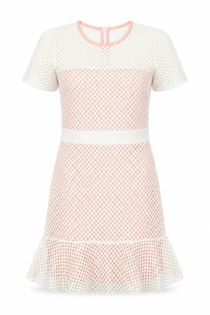 Front view of ASOS women’s pink polyester shift, size UK 8, crew neck zip