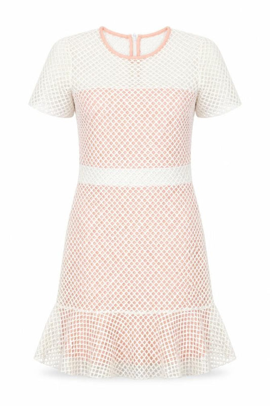 Front view of ASOS women’s pink polyester shift, size UK 8, crew neck zip