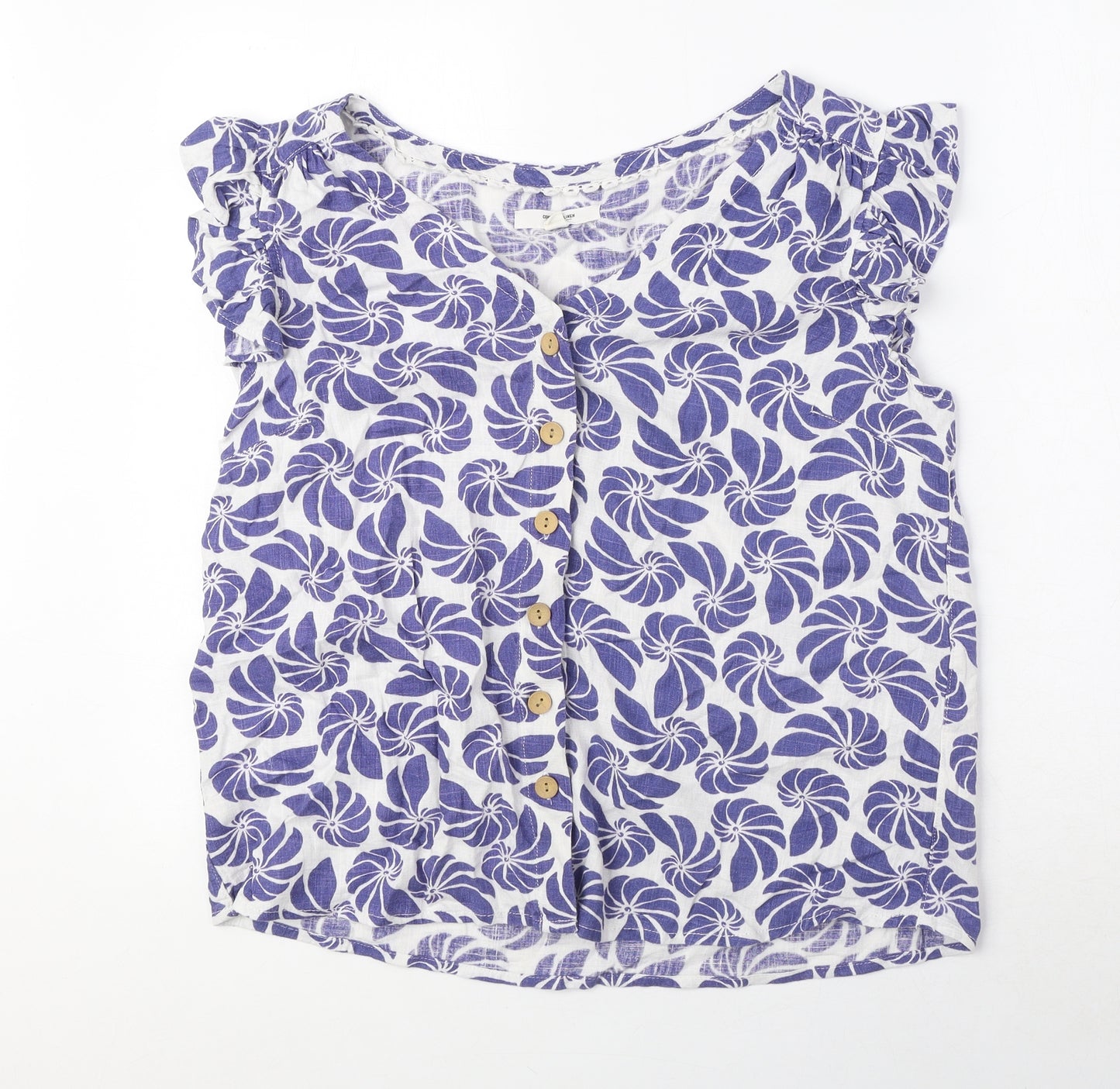 NEXT Womens Blue Geometric Viscose Basic Button-Up Size 14 V-Neck