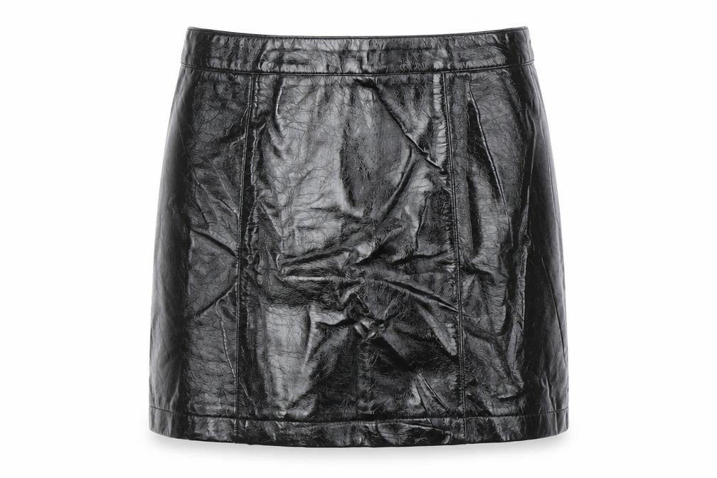 Front view of Topshop women’s black polyurethane mini skirt, size UK 8, zip