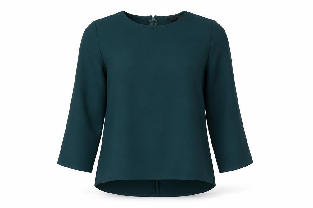 Front view of Topshop women’s green polyester basic blouse, size UK 8, round neck