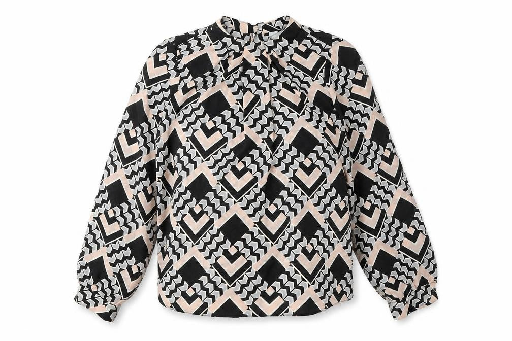 Front view of Dorothy Perkins women’s black geometric polyester basic blouse, size UK 6, mock neck