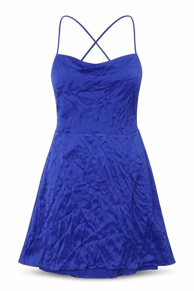Front view of Zara women’s blue viscose mini, size M, cowl neck zip