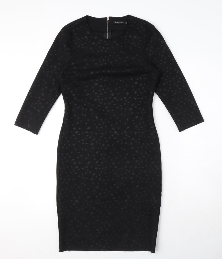 Drole de copine Womens Black Geometric Cotton Blend Pencil Dress Size M Round Neck Zip - Star Print