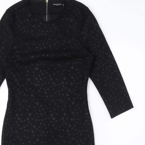 Drole de copine Womens Black Geometric Cotton Blend Pencil Dress Size M Round Neck Zip - Star Print
