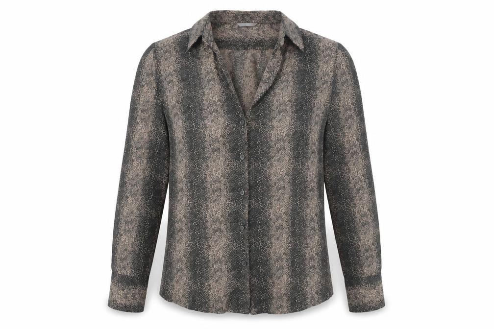 Front view of Marks & Spencer women’s beige geometric cotton basic button-up, size UK 10, collared