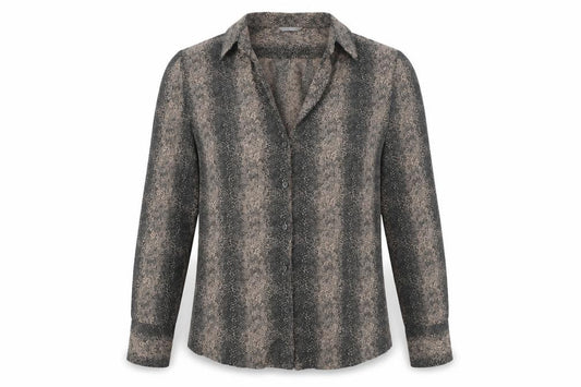 Front view of Marks & Spencer women’s beige geometric cotton basic button-up, size UK 10, collared