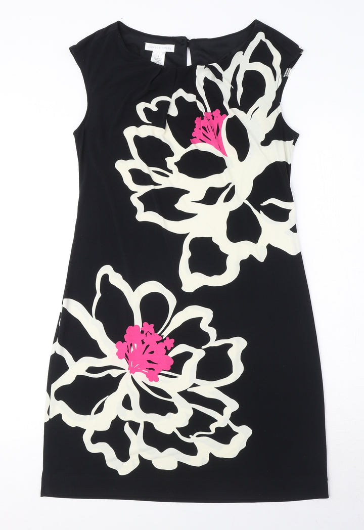 London Times Womens Black Floral Polyester Shift Size 6 Round Neck Pullover