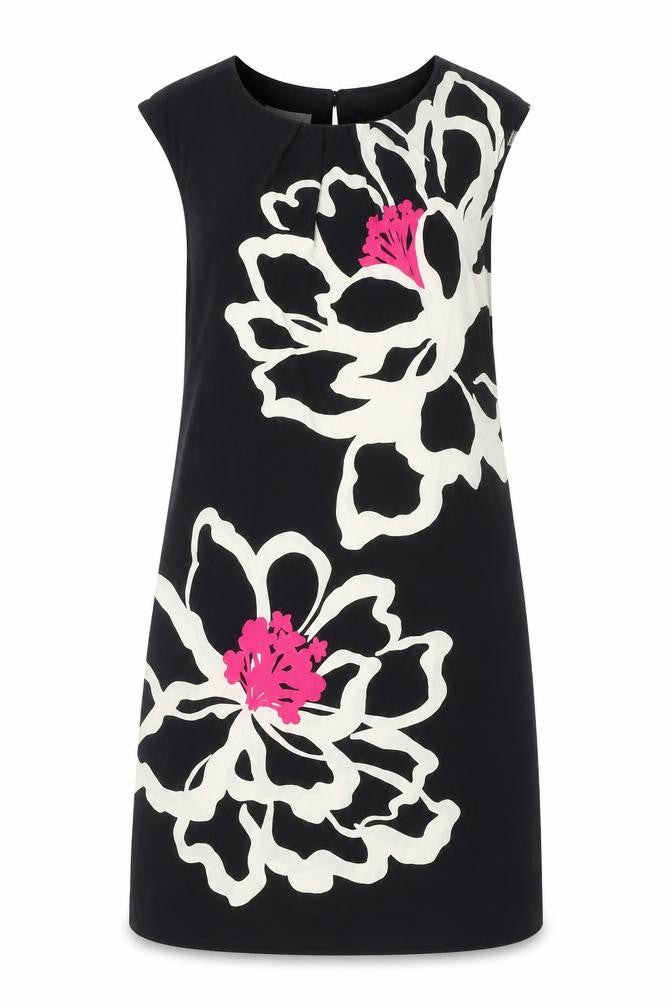 Front view of London Times women’s black floral polyester shift, size UK 6, round neck pullover