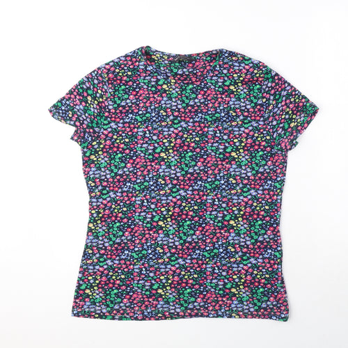 Marks and Spencer Womens Multicoloured Floral Cotton Basic T-Shirt Size 14 Round Neck