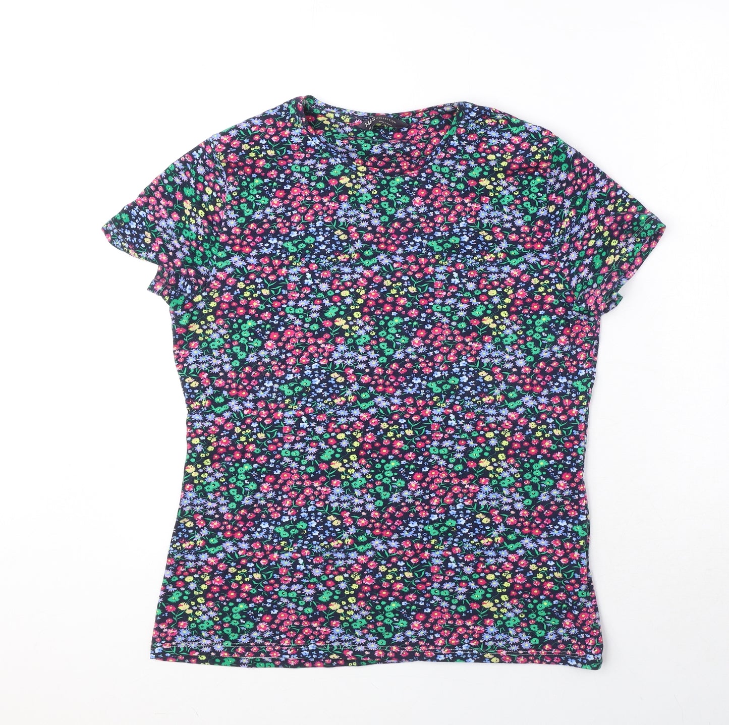 Marks and Spencer Womens Multicoloured Floral Cotton Basic T-Shirt Size 14 Round Neck