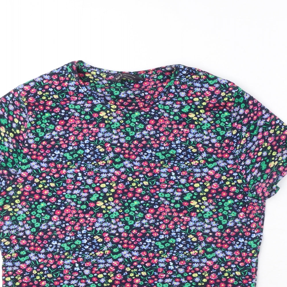 Marks and Spencer Womens Multicoloured Floral Cotton Basic T-Shirt Size 14 Round Neck