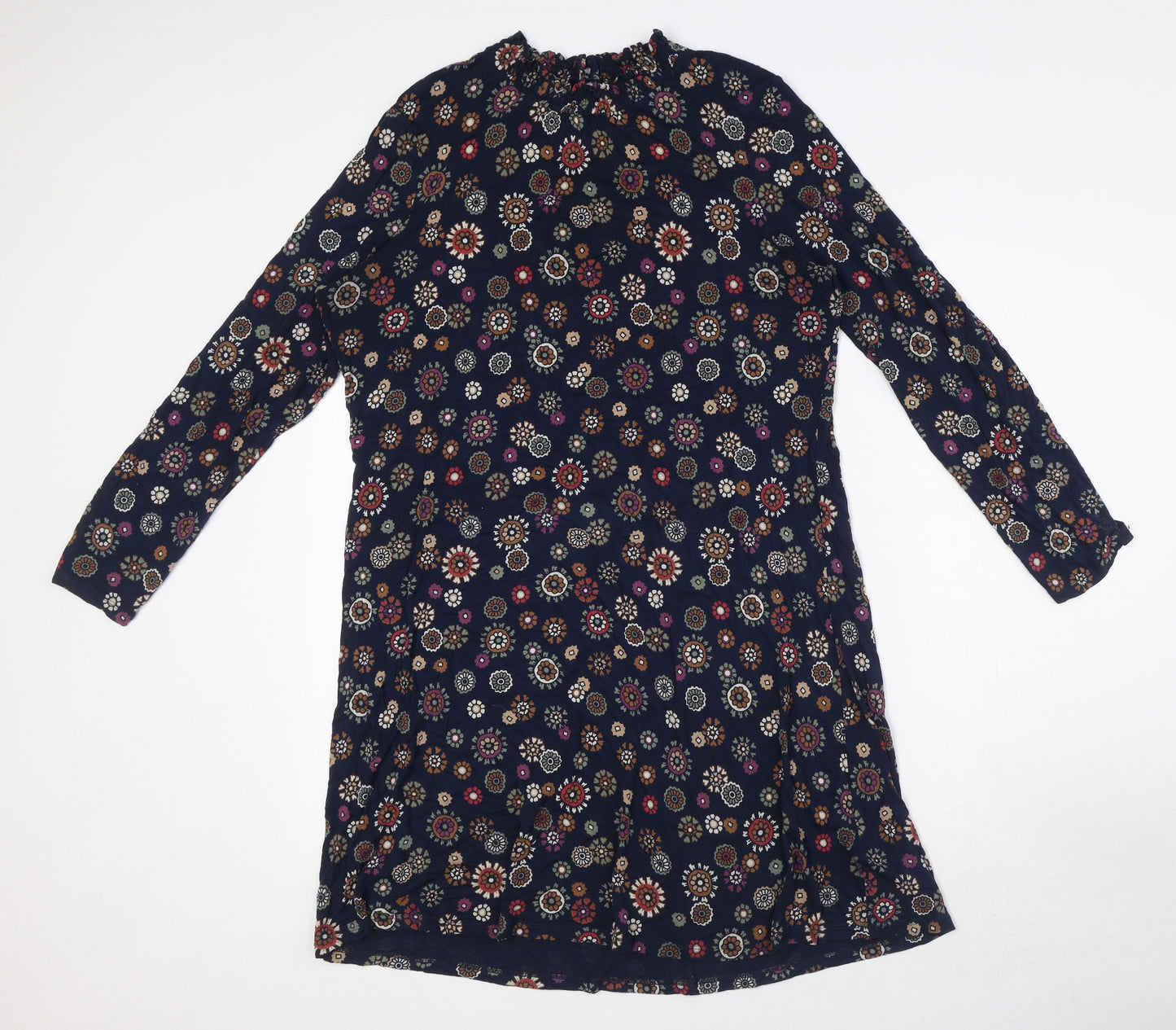 Marks and Spencer Womens Blue Geometric Viscose A-Line Size 14 Mock Neck Button