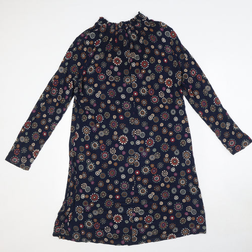 Marks and Spencer Womens Blue Geometric Viscose A-Line Size 14 Mock Neck Button