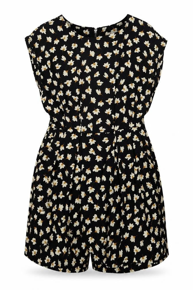 Front view of Glamorous women’s black floral polyester playsuit one-piece, size UK 6, zip