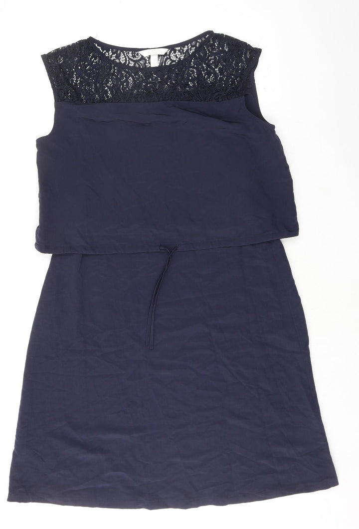 H&M Womens Blue Polyester A-Line Size M Boat Neck Pullover - Lace Detail