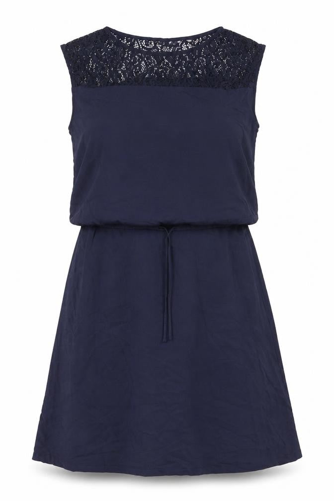 Front view of H&M women’s blue polyester a-line, size M, boat neck pullover - lace detail