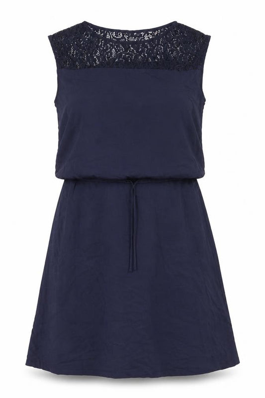 Front view of H&M women’s blue polyester a-line, size M, boat neck pullover - lace detail