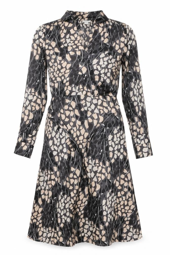 Front view of H&M women’s grey geometric polyester a-line, size UK 8, v-neck zip