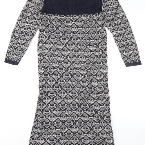 Monsoon Womens Blue Geometric 100% Cotton Sheath Size S Boat Neck Pullover