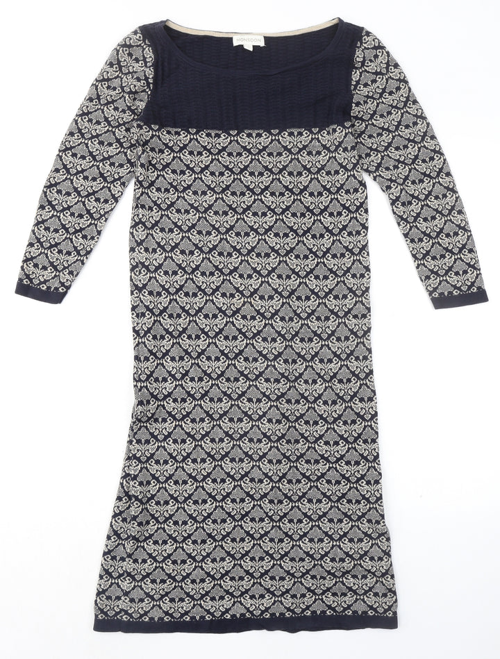 Monsoon Womens Blue Geometric 100% Cotton Sheath Size S Boat Neck Pullover