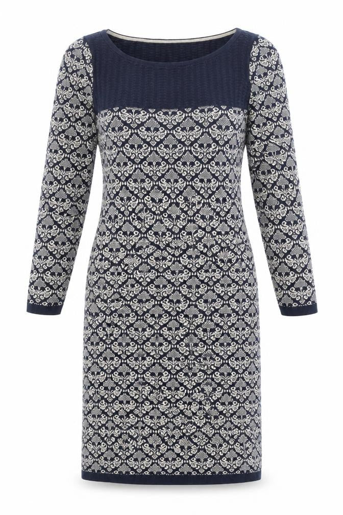 Front view of Monsoon women’s blue geometric 100% cotton sheath, size S, boat neck pullover