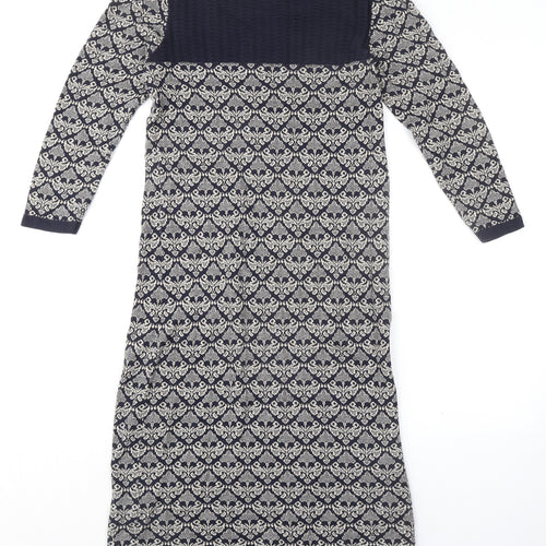 Monsoon Womens Blue Geometric 100% Cotton Sheath Size S Boat Neck Pullover