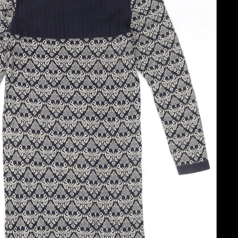 Monsoon Womens Blue Geometric 100% Cotton Sheath Size S Boat Neck Pullover