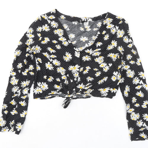 Divided by H&M Womens Black Polka Dot Viscose Cropped Button-Up Size 8 V-Neck - Knot Front