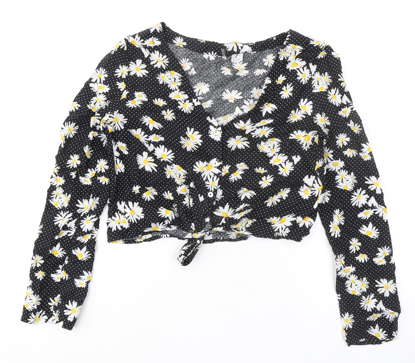 Divided by H&M Womens Black Polka Dot Viscose Cropped Button-Up Size 8 V-Neck - Knot Front