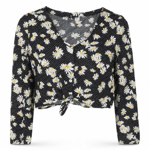 Divided by H&M Womens Black Polka Dot Viscose Cropped Button-Up Size 8 V-Neck - Knot Front