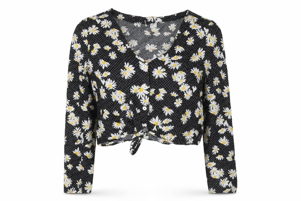 Divided by H&M Womens Black Polka Dot Viscose Cropped Button-Up Size 8 V-Neck - Knot Front