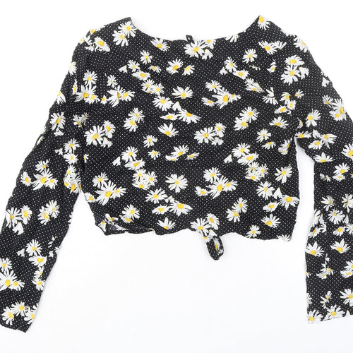 Divided by H&M Womens Black Polka Dot Viscose Cropped Button-Up Size 8 V-Neck - Knot Front