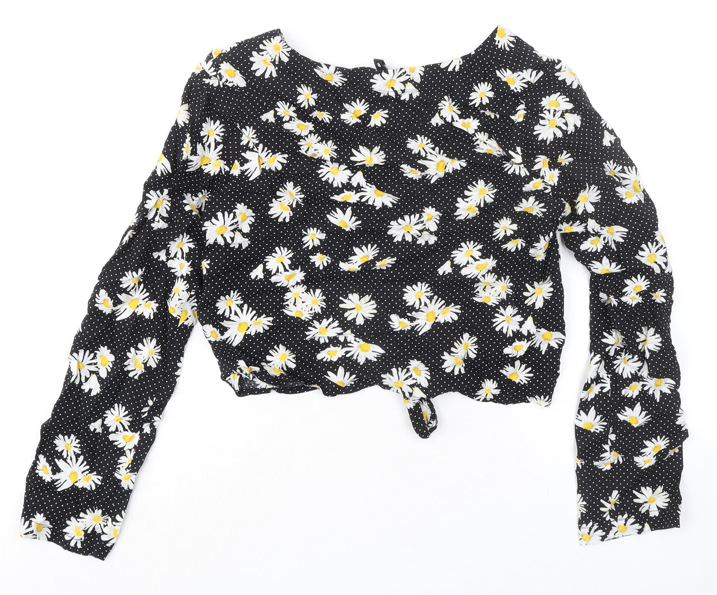 Divided by H&M Womens Black Polka Dot Viscose Cropped Button-Up Size 8 V-Neck - Knot Front