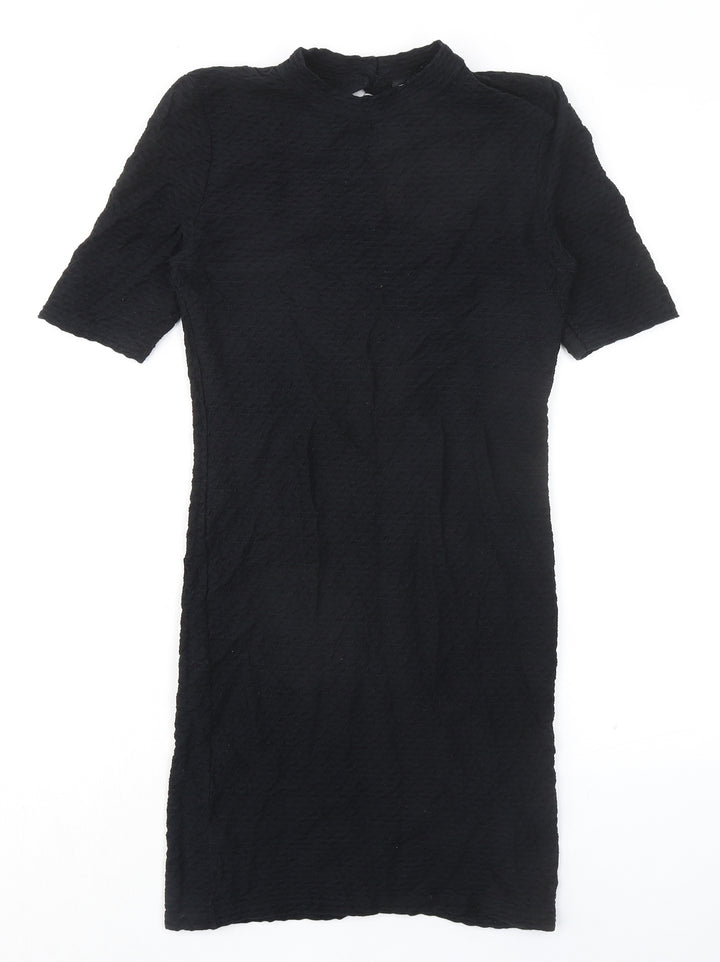 Topshop Womens Black Cotton Shift Size 12 Mock Neck Button