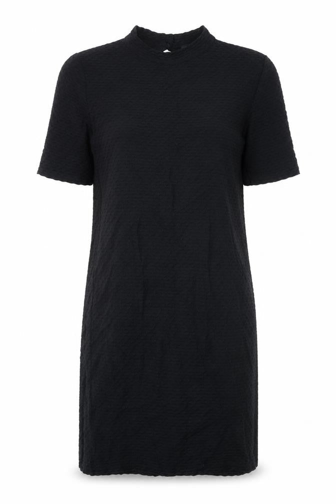 Front view of Topshop women’s black cotton shift, size UK 12, mock neck button