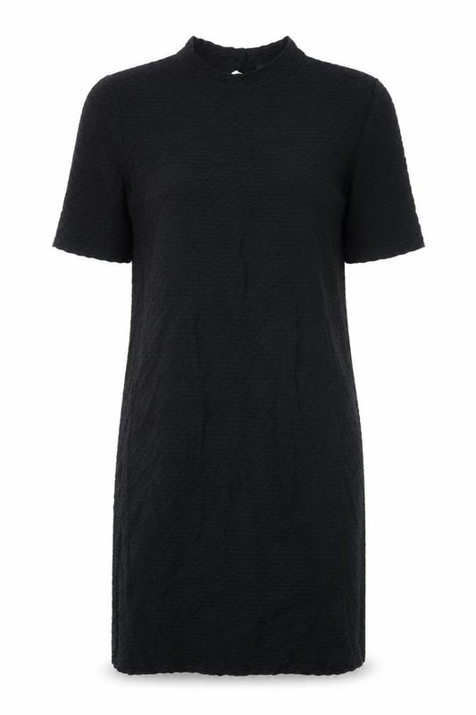 Front view of Topshop women’s black cotton shift, size UK 12, mock neck button